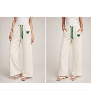 Bottega Veneta Ivory Cream Wide Leg Pants with Green Details velour textured